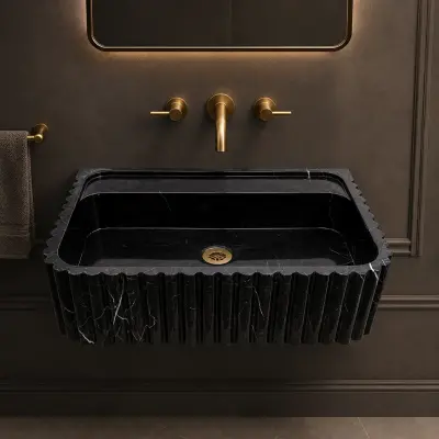 Nero Marquina Marble Sink – Hand-Carved Fluted Black Natural Stone Wall Basin